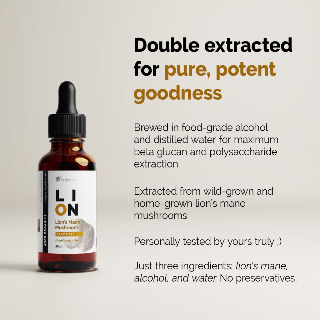 ABCD Organics® Lion's Mane Liquid Extract Mushroom Tincture (1:3 Strength Double Extracted Tincture)